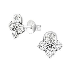 Sterling Silver Antique Style Cluster Stud Earrings with Crystals